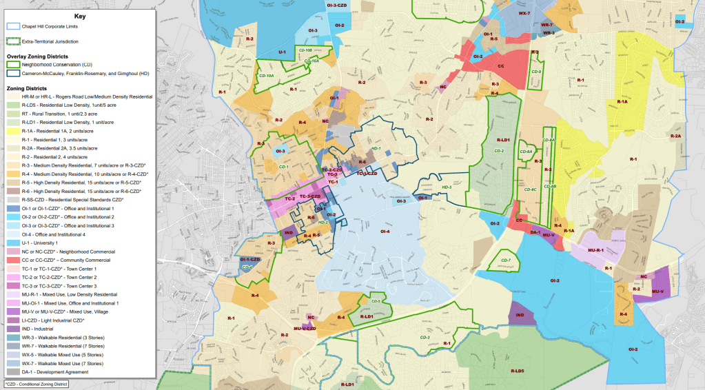 A map of Chapel Hill, NC with a legend that includes dozens of zoning codes and a map color-coded to those zoning codes.