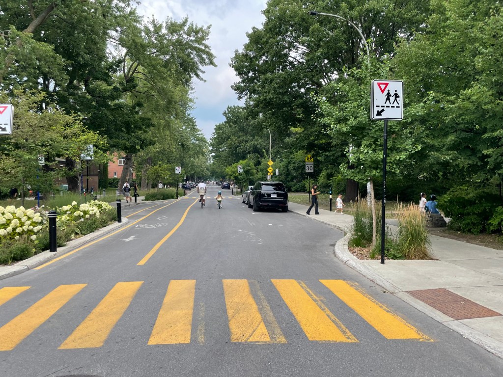 Street with bright crosswalk, bulb-out, 30kmh speed limit, and clearly marked bicycle lane in front of school.