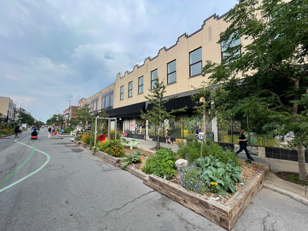 An open streets event in Montreal where a garden was placed in car parking spots.