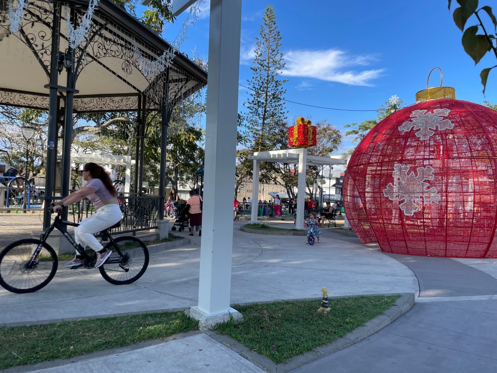 A child and young woman ride bikes in a shaded park decorated for the winter holidays.
