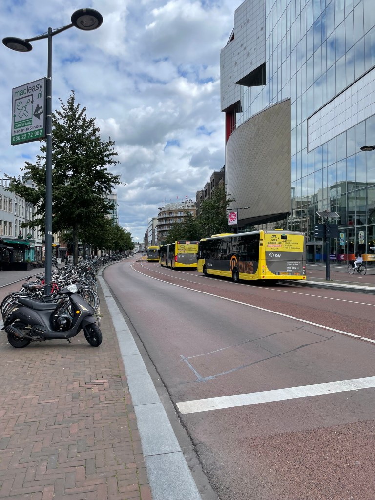 A city street lined with three stories of mixed use (shops on the bottom, residential on top) on one side and a large glass building on the other. The street has three buses on a dedicated bus lane. On one side of the street is a long row of parked bikes (with one moped); on the other is a woman riding a bike in an off-street bike lane. There are no car lanes or cars on the street.